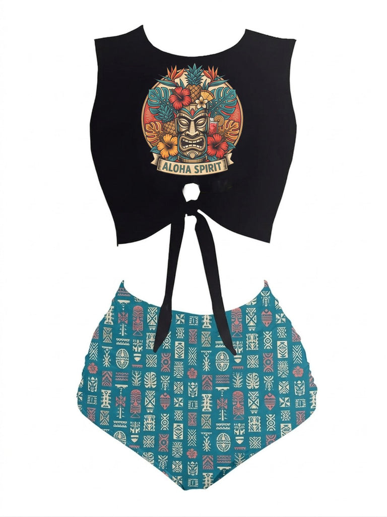 Schwarz 1980er Punk Taillen Tie Skeleton Strand Bikini Set