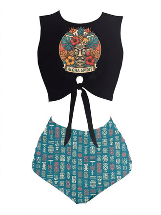 Türkis & Schwarz 1980er Punk Taillen Tie Skeleton Strand Bikini Set