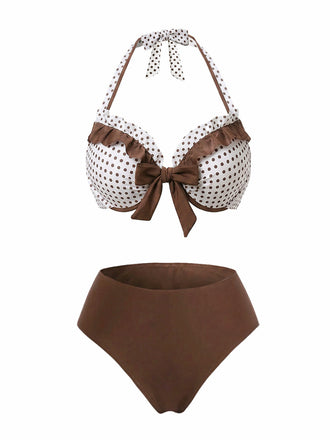 [Vorverkauf] Braun 1970er Tupfen Rüschen Halter Bikini Set & Cover-Up