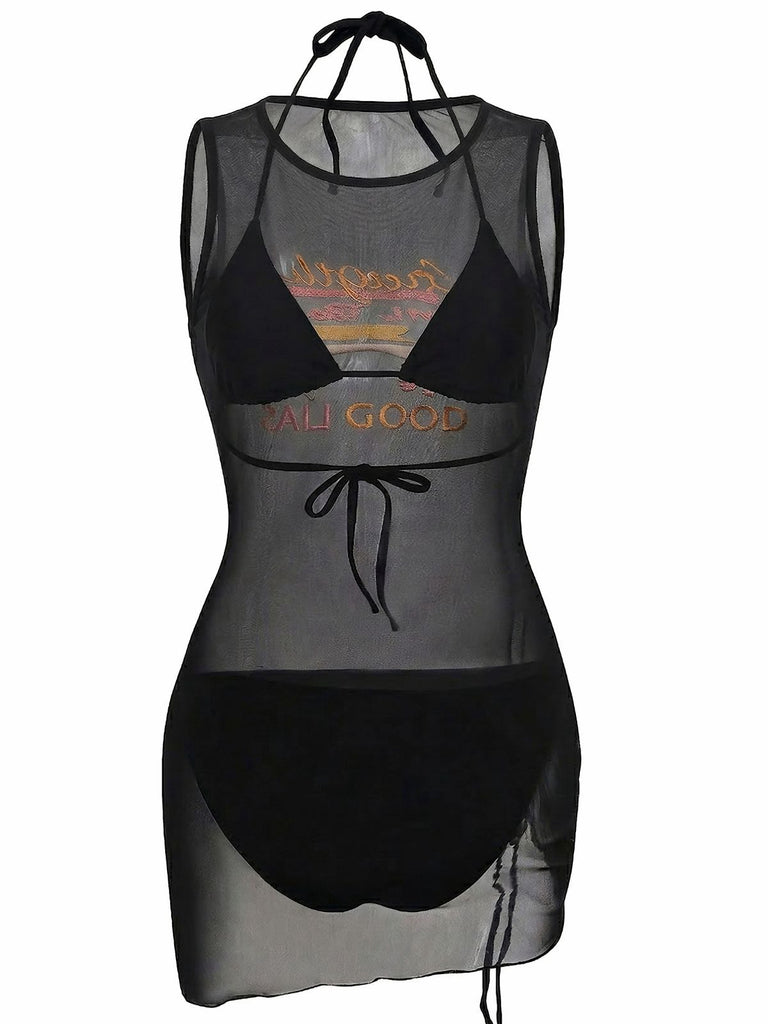 3PCS Schwarz 1960er Urlaubs Print Netz Halter Bikini Set & Cover-Up