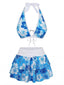 Blau 1960er Blumen Druck Bindefront Geschichtet Bikini Set