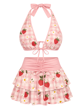[Vorverkauf] Rosa 1960er Erdbeere Blumen Muster Mehrlagig Bikini Set