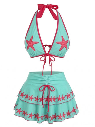 [Vorverkauf] Türkis 1960er Blumen Muster Mehrlagig Bikini Set