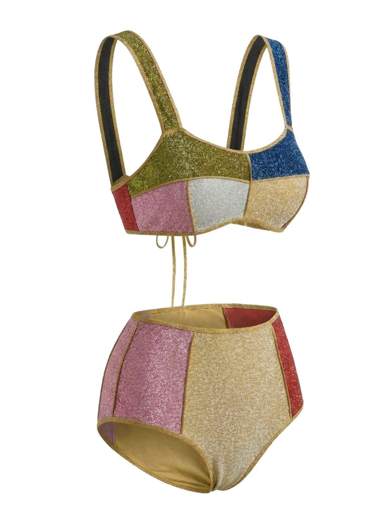 Mehrfarbiges Patchwork-Bikini-Set im Metallic-Stil der 1940er Jahre