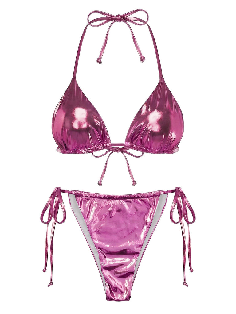 1970er Solide Halter Metallisch Bikini Set