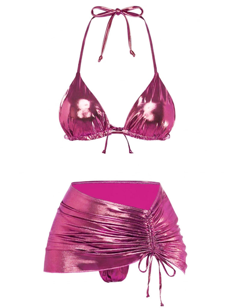 1970er Solide Halter Metallisch Bikini Set