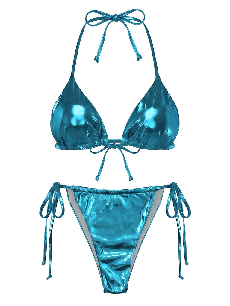 1970er Solide Halter Metallisch Bikini Set