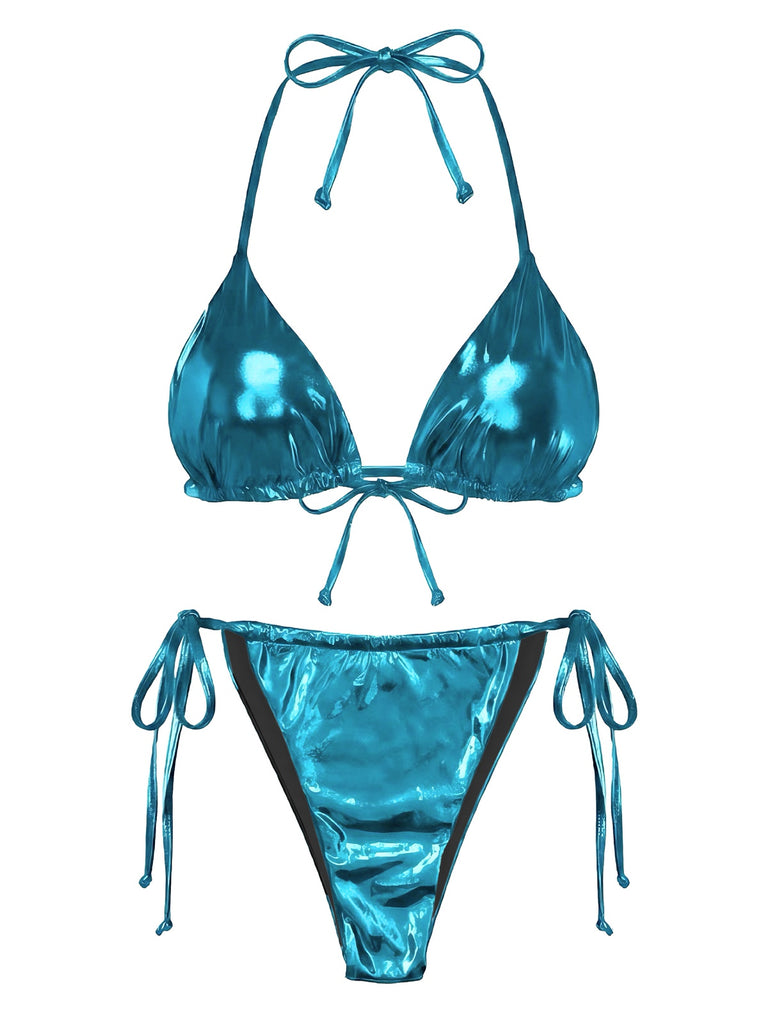 1970er Solide Halter Metallisch Bikini Set