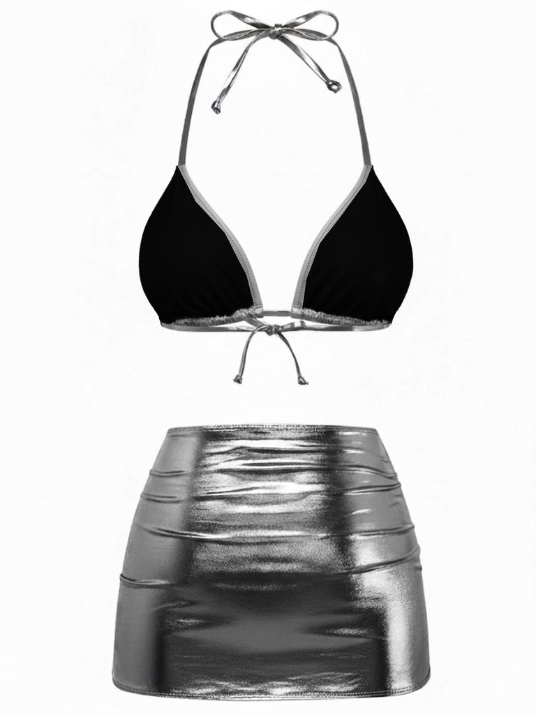 1970er Solide Halter Metallisch Bikini Set