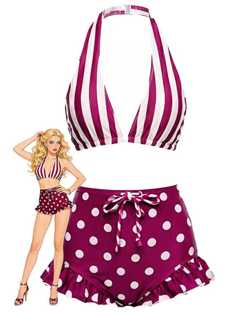 [Vorverkauf] Rot 1940er Streifen Halter Polka Punkte Rüschen Bikini Set