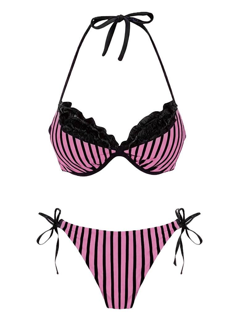 2PCS Rosa 1960er Streifen Bikini Set & Gestuft Cover-Up