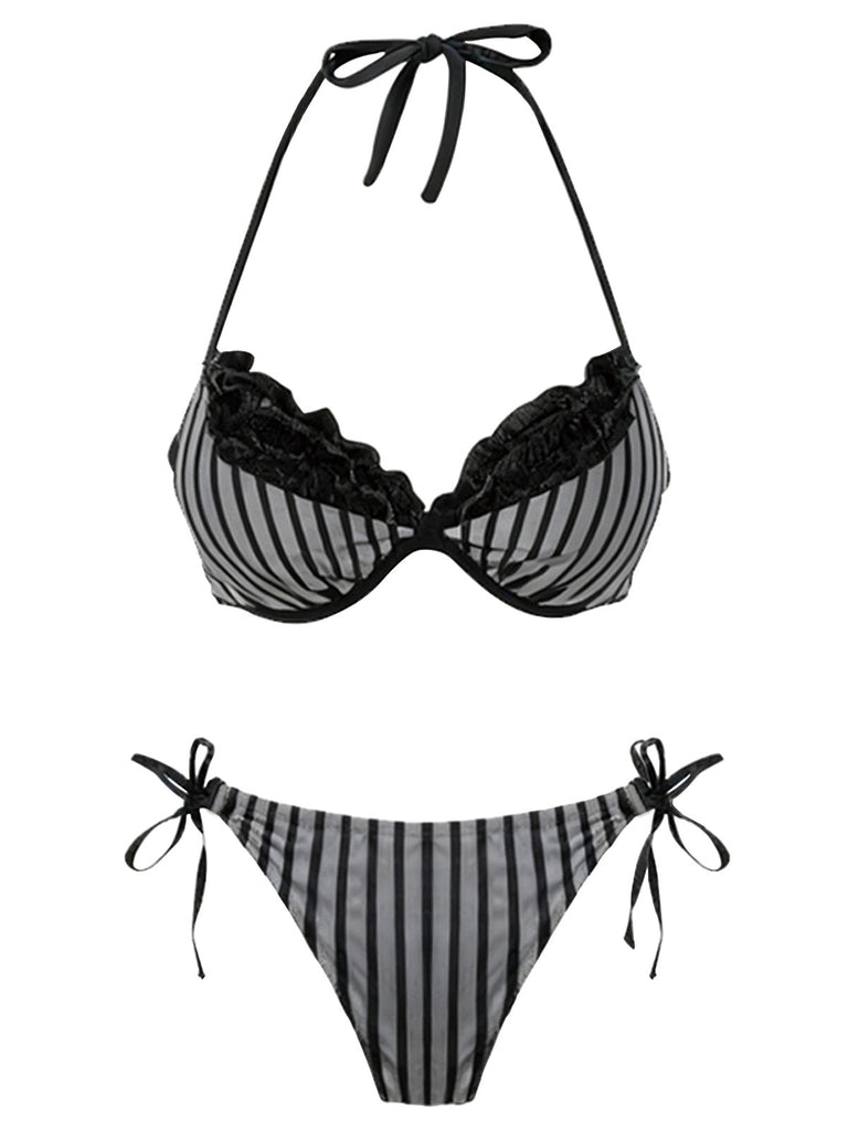 Grau 1960er Streifen Netz Halter Bogen Bikini Set