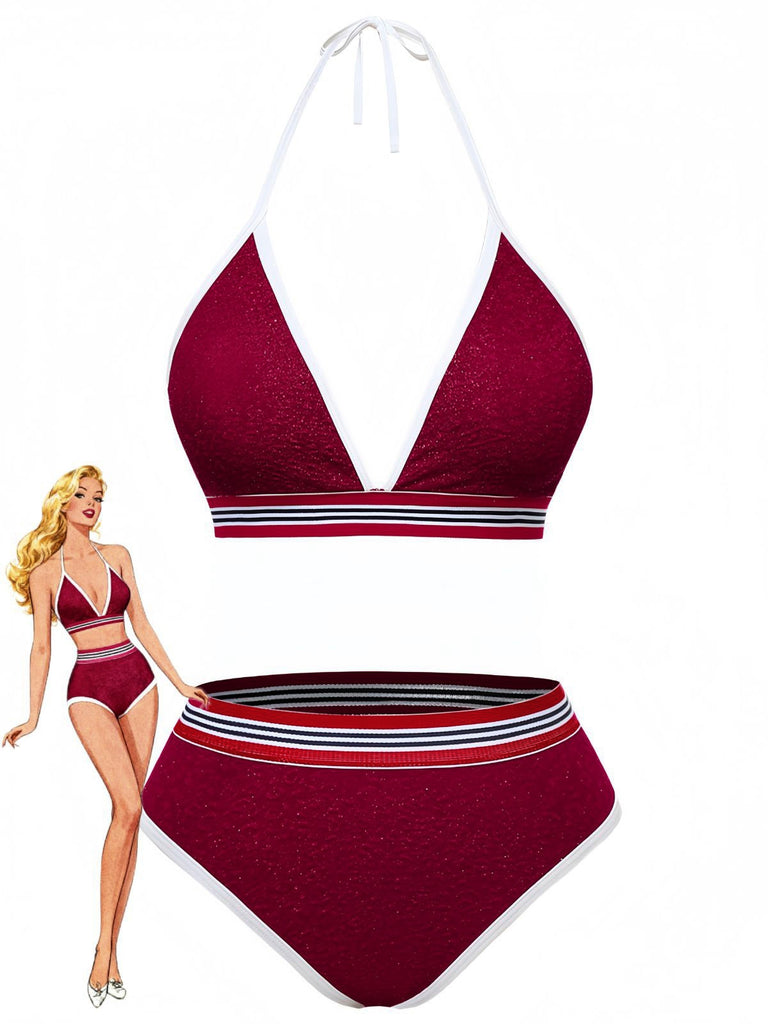 Rotes 80er Bikini-Set mit Glitzer und Neckholder