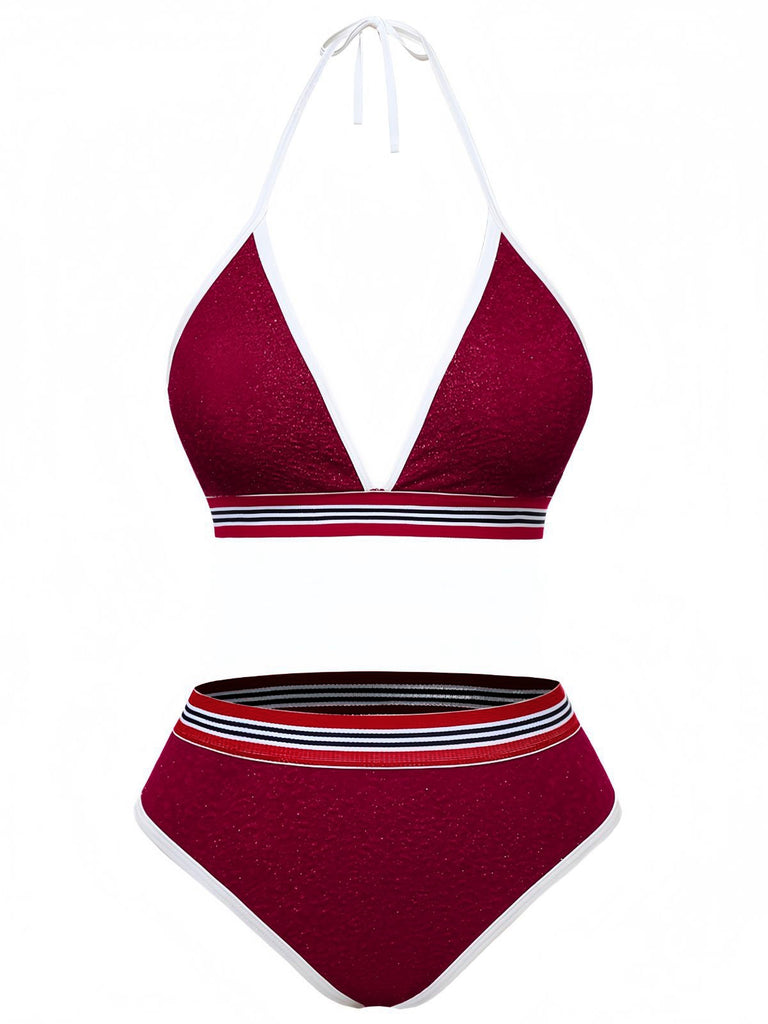 Rotes 80er Bikini-Set mit Glitzer und Neckholder