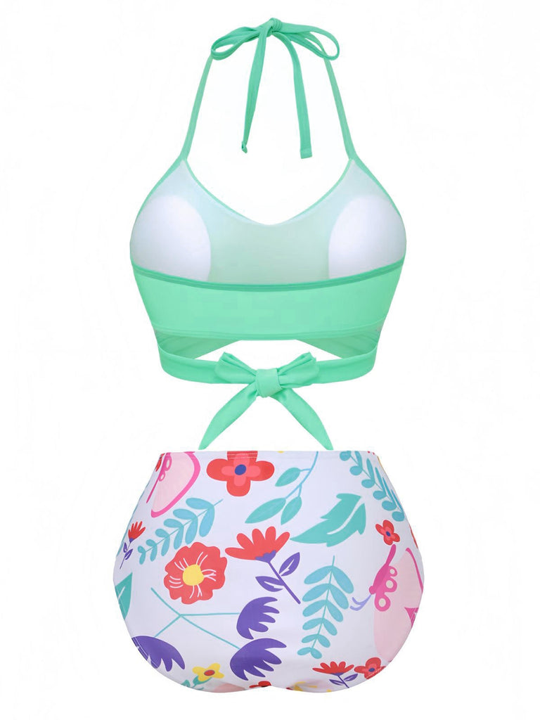 Mintgrün 1940er Blumen Hohe Taille Bikini Set