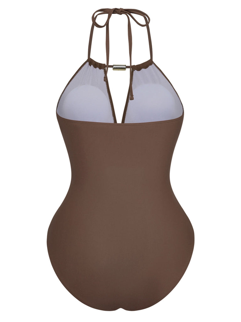 1940er Gerafft Tiefer V-Ausschnitt Halter Einteiliger Badeanzug