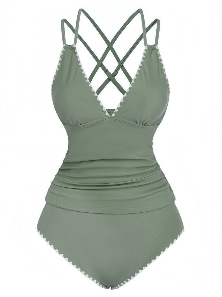 1940er Farbblock Tiefer V-Ausschnitt Rücken-Kreuzung Tankini Set