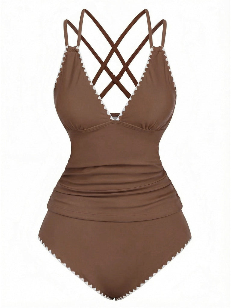 1940er Farbblock Tiefer V-Ausschnitt Rücken-Kreuzung Tankini Set