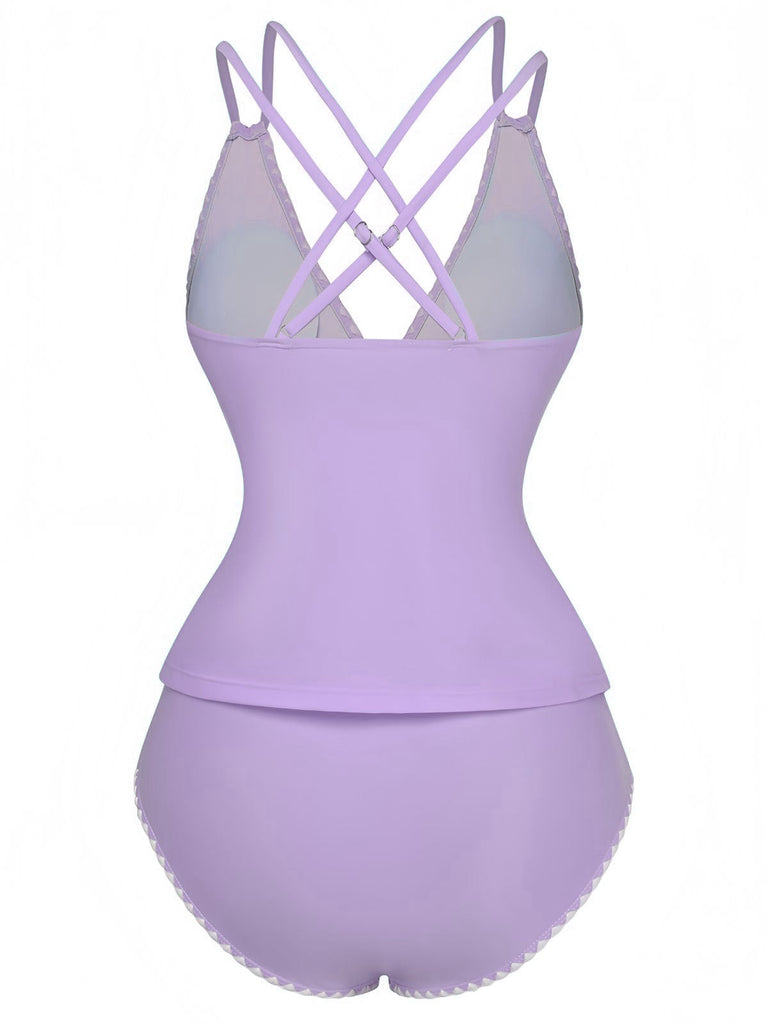 1940er Farbblock Tiefer V-Ausschnitt Rücken-Kreuzung Tankini Set