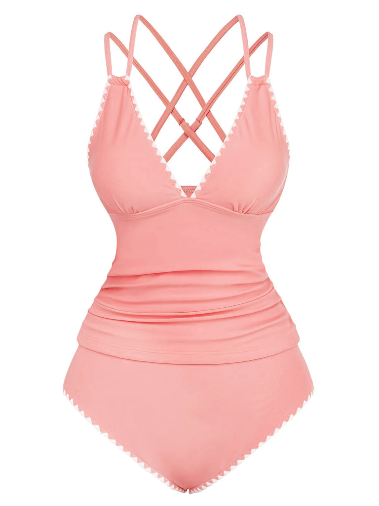 1940er Farbblock Tiefer V-Ausschnitt Rücken-Kreuzung Tankini Set