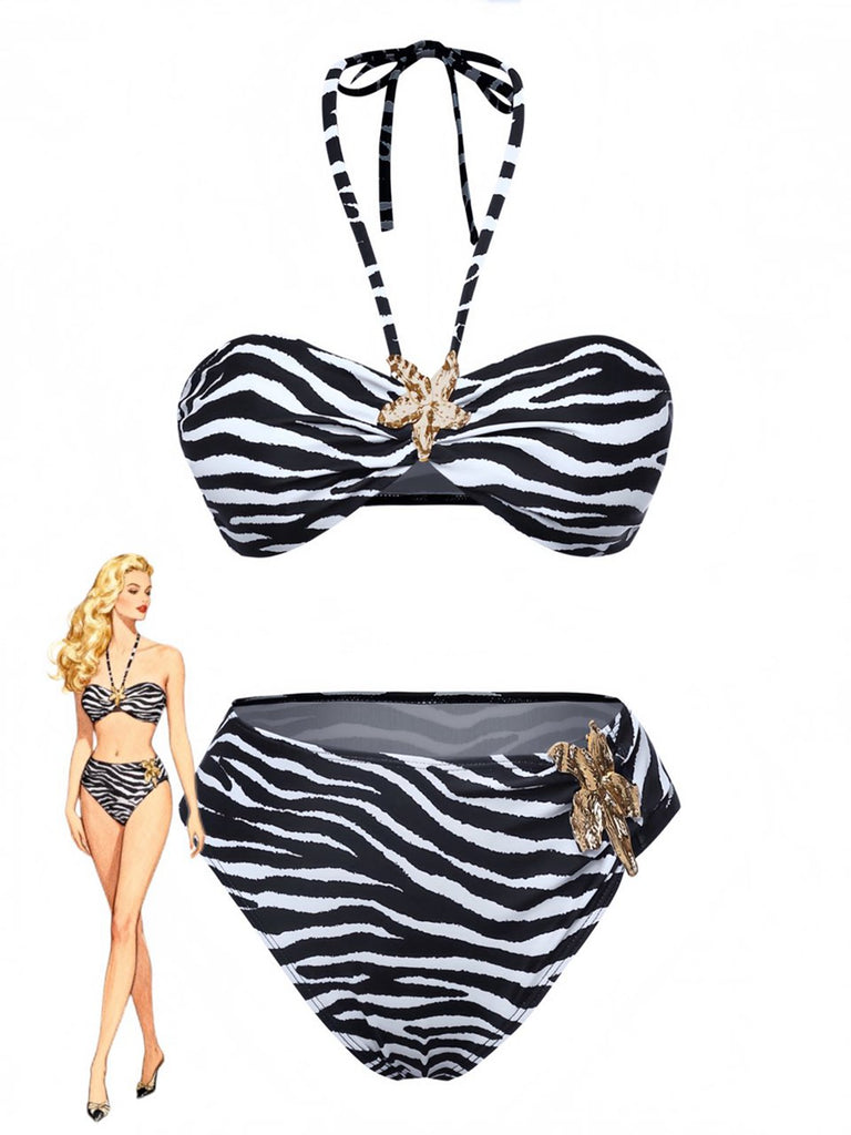 Schwarz & Weiß 1960er Zebra Druck Seestern Akzente Bikini Set