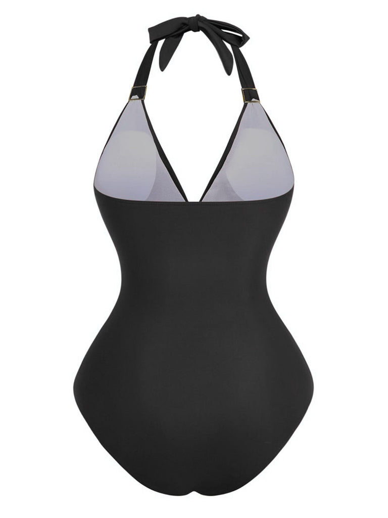 1940er Solide Tief V Halter Gerafft Einteiliger Badeanzug