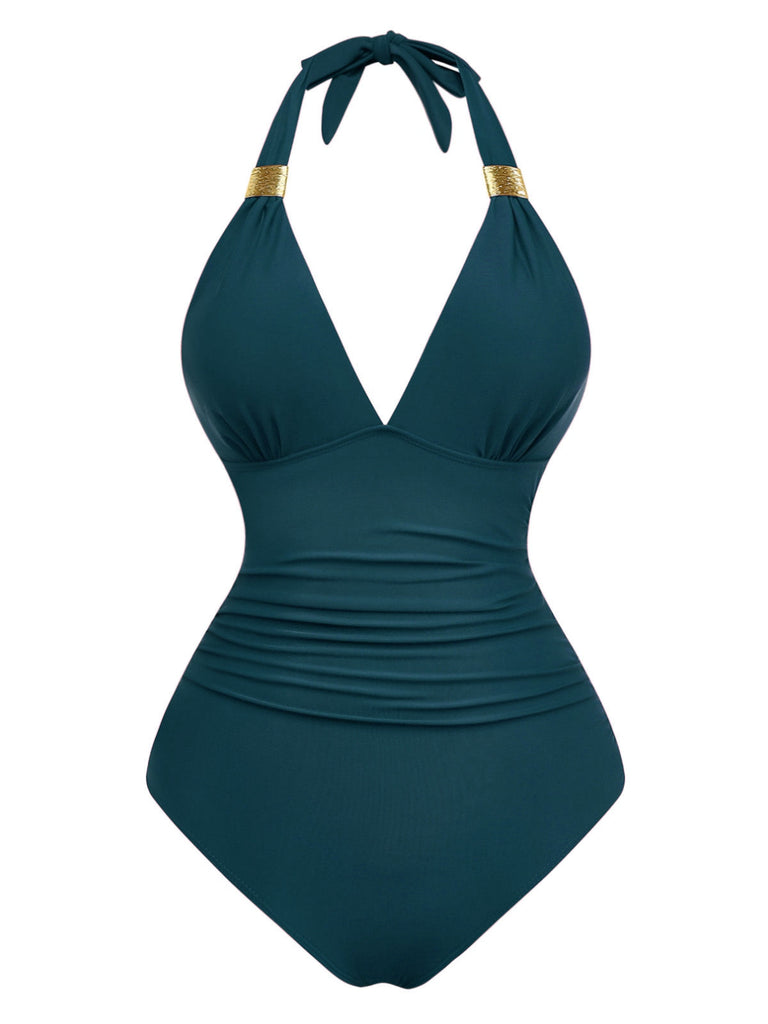 1940er Solide Tief V Halter Gerafft Einteiliger Badeanzug