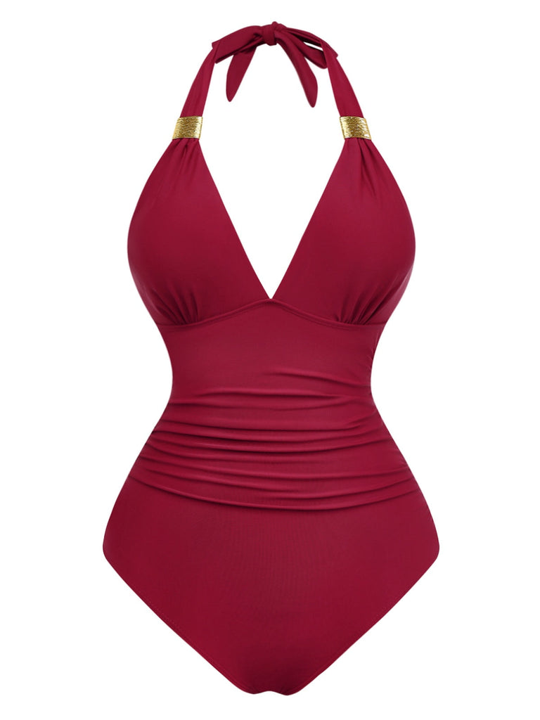1940er Solide Tief V Halter Gerafft Einteiliger Badeanzug