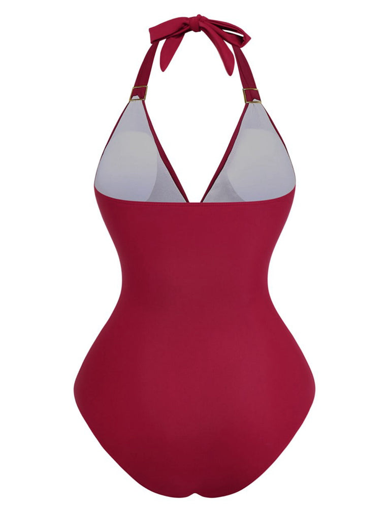 1940er Solide Tief V Halter Gerafft Einteiliger Badeanzug