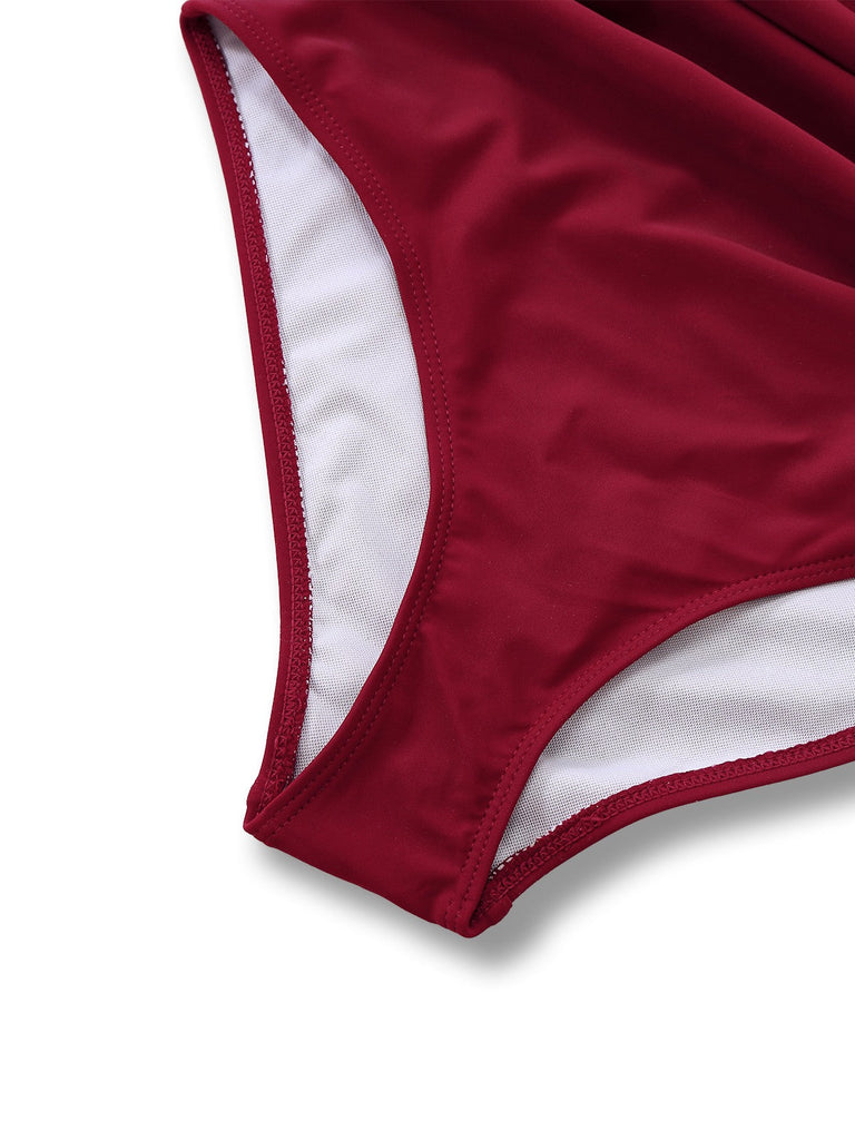 1940er Solide Tief V Halter Gerafft Einteiliger Badeanzug