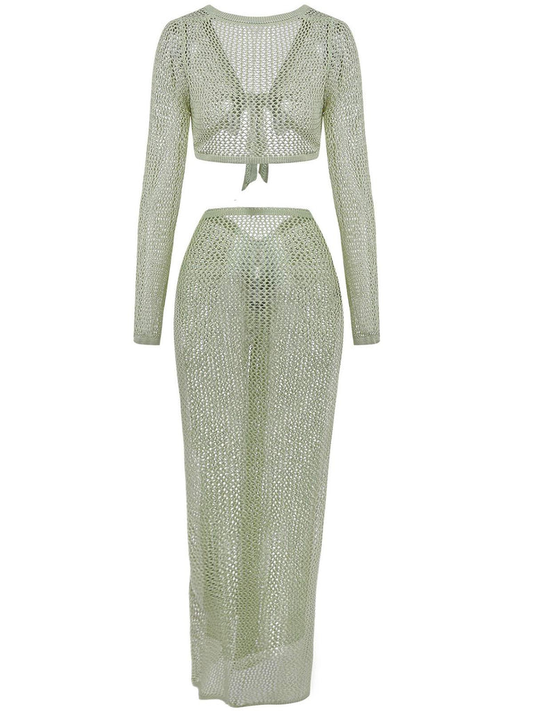 2PCS 1960er Häkel Langarm Strand Cover-Up Set