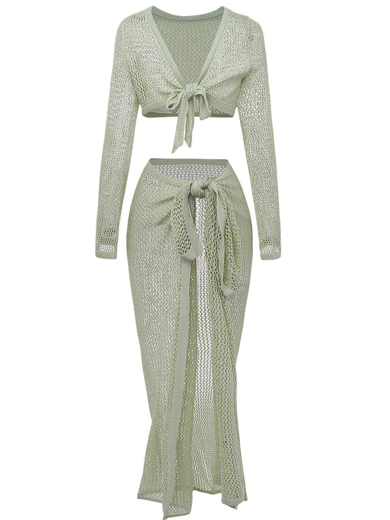 2PCS 1960er Häkel Langarm Strand Cover-Up Set