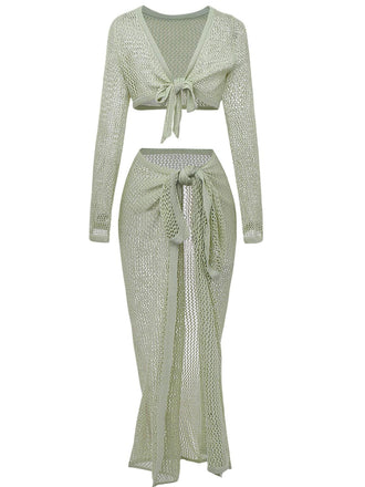 2PCS 1960er Häkel Langarm Strand Cover-Up Set