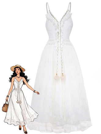 Weiß 1970er V-Ausschnitt Boho Spitze Maxi Kleid