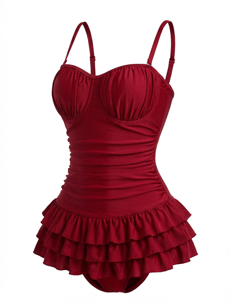 [Vorverkauf] Rot 1950er Rüschen Gerafft Gestuft Einteiliger Badeanzug