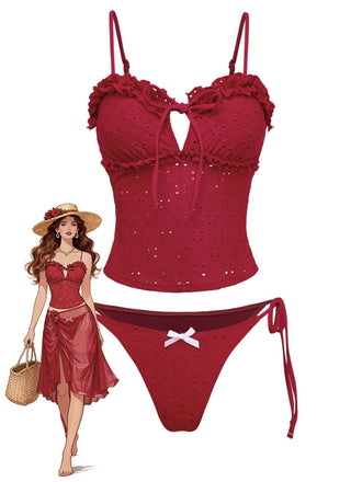 Rot 1960er Bestickt Cutout Rüschen Tankini Set