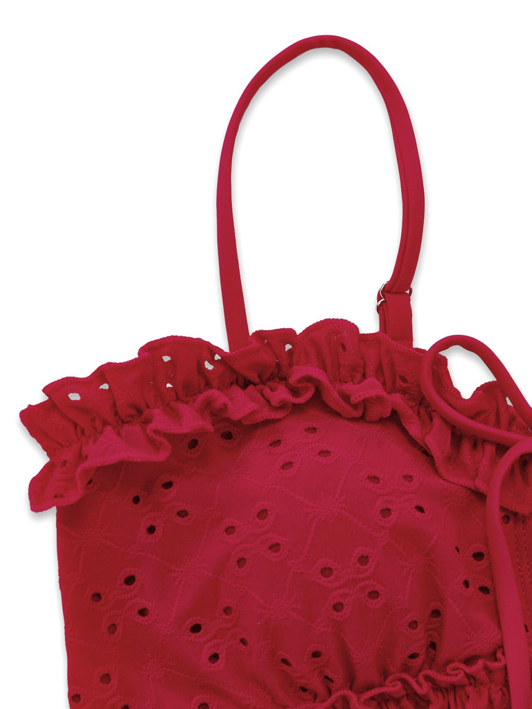 Rot 1960er Bestickt Cutout Rüschen Tankini Set