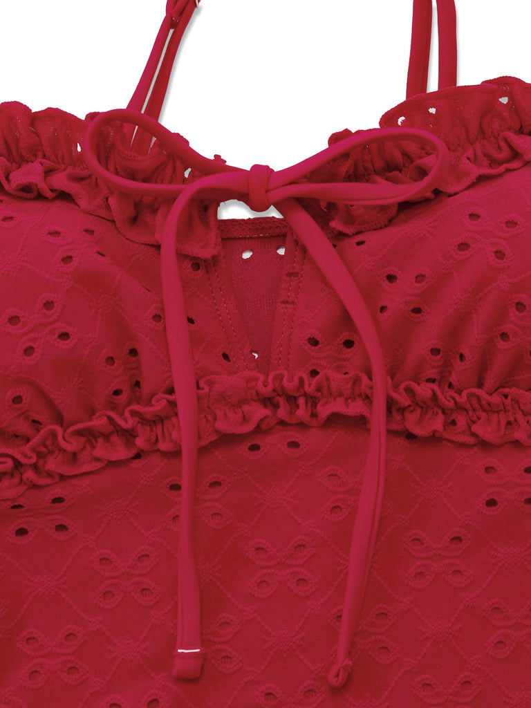 Rot 1960er Bestickt Cutout Rüschen Tankini Set