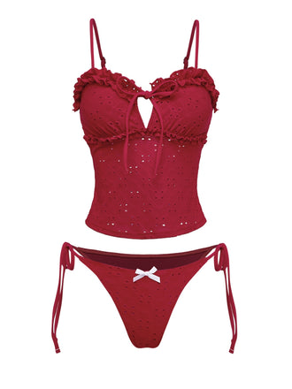 Rot 1960er Bestickt Cutout Rüschen Tankini Set