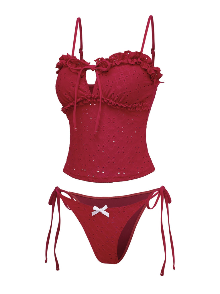 Rot 1960er Bestickt Cutout Rüschen Tankini Set