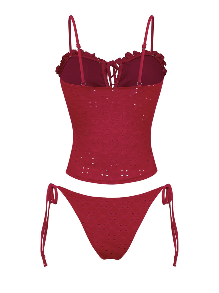 Rot 1960er Bestickt Cutout Rüschen Tankini Set