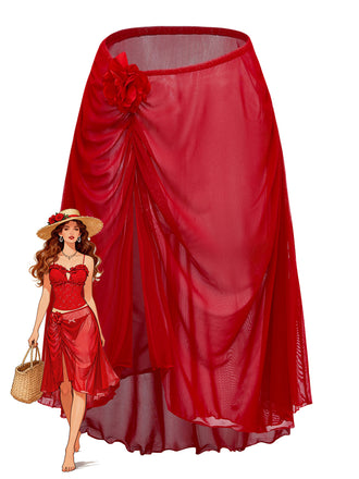 [Vorverkauf] Rot 1960er 3D Blumen Netz Asymmetrisch Cover-Up