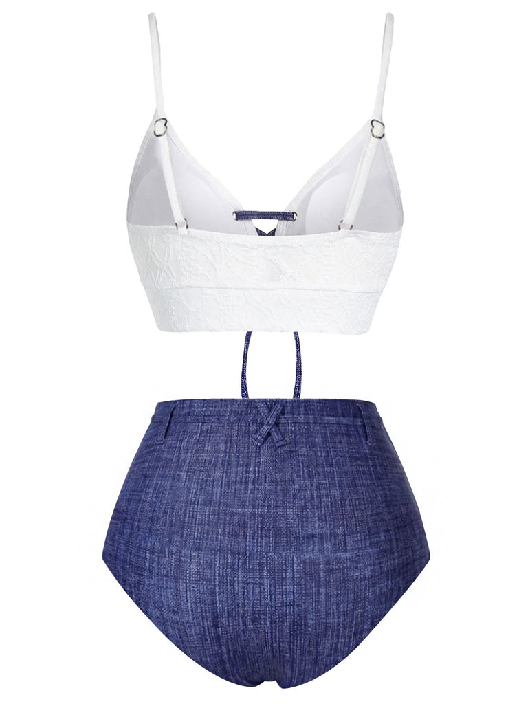 Blau 1940er Schnürung Halter Schein-Denim Bikini Set