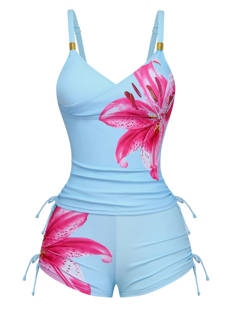 [Vorverkauf] Himmelblau 1950er Blumen Schnürung Tankini Set