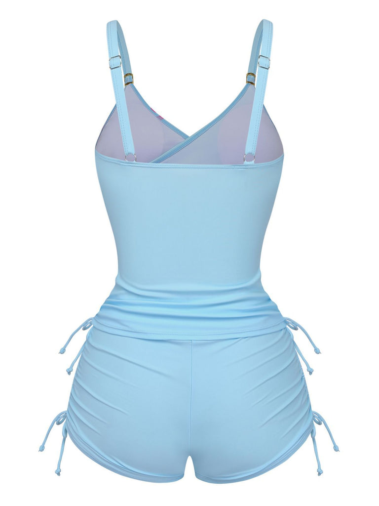 [Vorverkauf] Himmelblau 1950er Blumen Schnürung Tankini Set