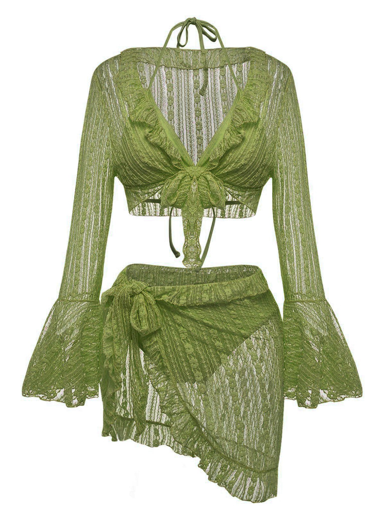 Schwarzes 70er Neckholder-Bikini-Set & transparentes Cover-Up mit Glockenärmeln