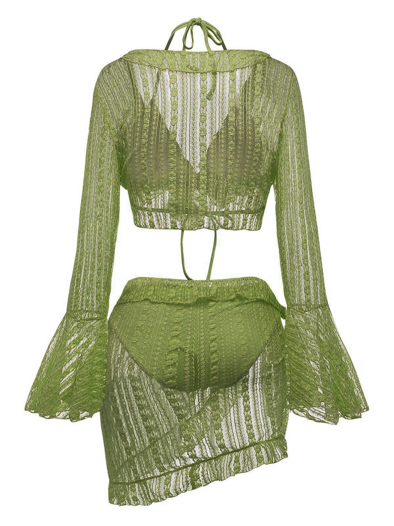Schwarzes 70er Neckholder-Bikini-Set & transparentes Cover-Up mit Glockenärmeln