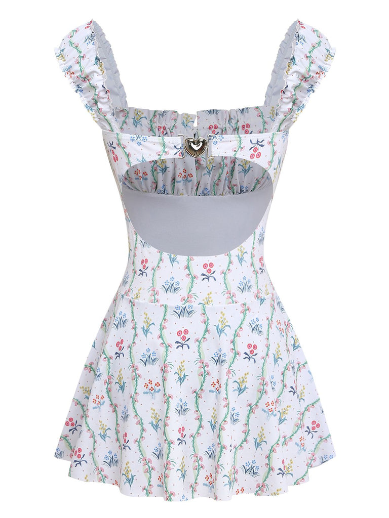 Weiß 1970er Blumen Rüschen Kappärmel Badeanzug-Kleid