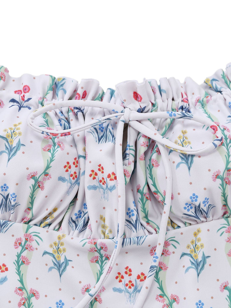 Weiß 1970er Blumen Rüschen Kappärmel Badeanzug-Kleid