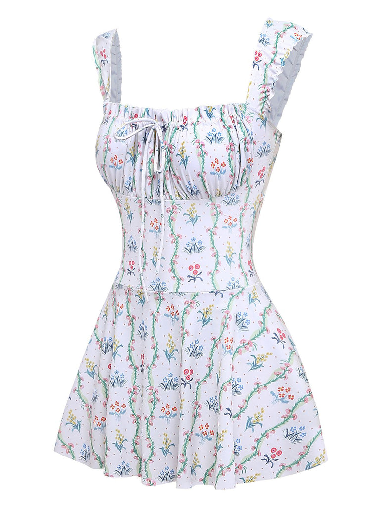 Weiß 1970er Blumen Rüschen Kappärmel Badeanzug-Kleid